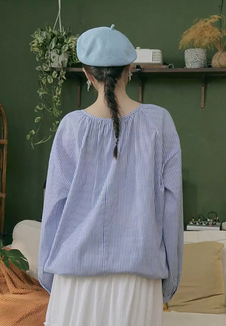 Loose Japanese-Style Tie-Neck Striped Long Sleeve To [AB19835]