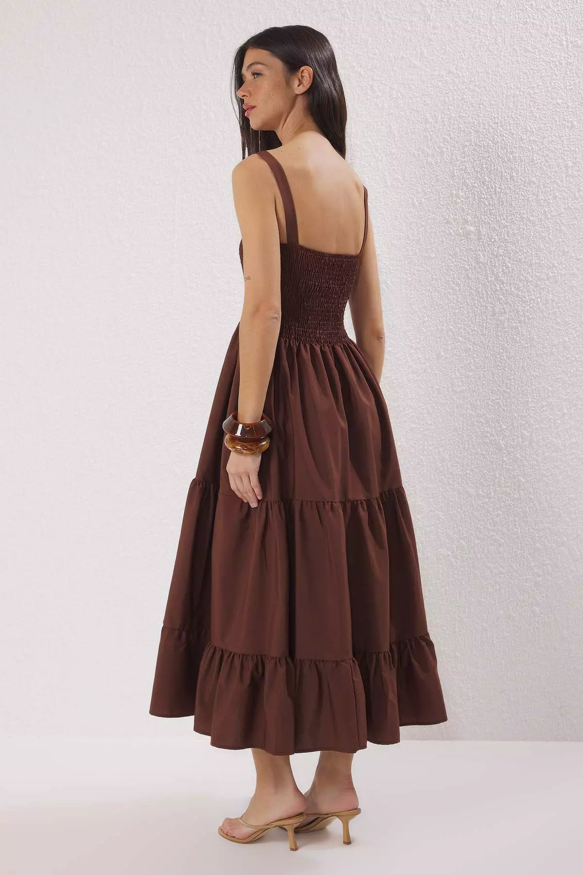 Brown Plain A-Line Square Neck Lined Maxi Woven Dress TWOSS24EL01052