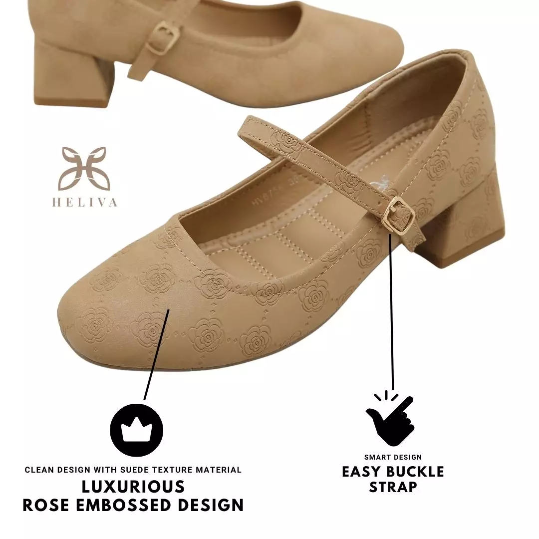 Heliva Kimmy Marry Jane Shoes Heels Chunky Embossed Flower Sol 5cm