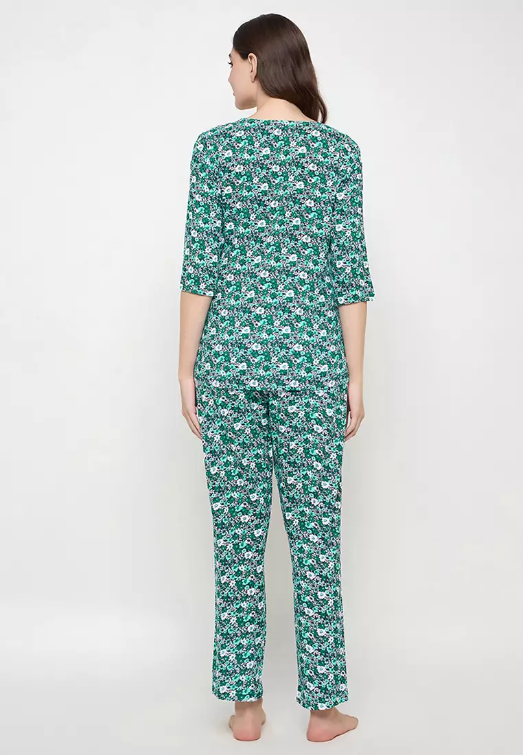 Clovia Floral Print Top & Pyjama Set in Dark Green- Rayon