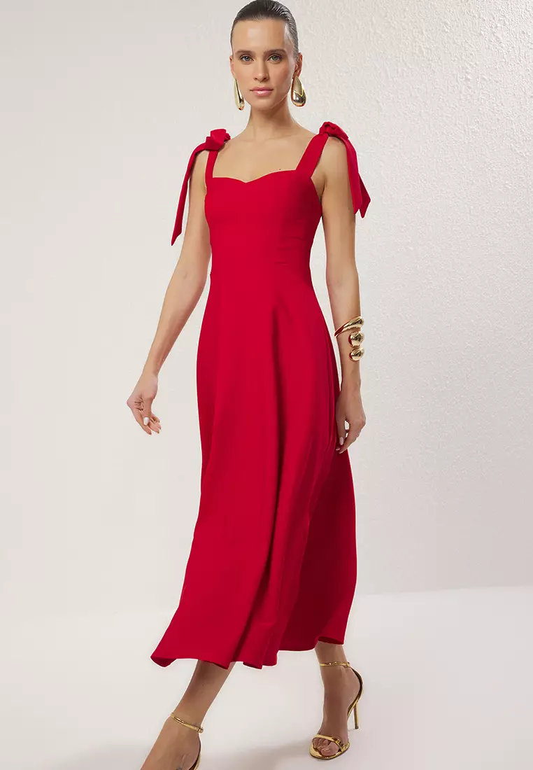 Red A-Line Strap Detailed Woven Midi Chic Evening Prom Dress TPRSS24EL00251
