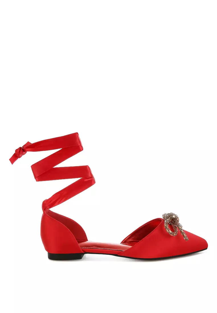 Rhinestone Detail Bow Flat Sandals in Red