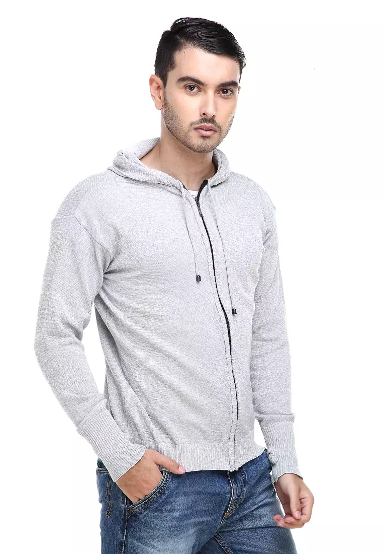 Clover Jaket Hoodie Pria Kasual Casual Jacket Material Rajut Premium ORIGINAL - Light Gray