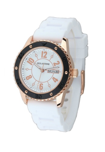 EGLANTINE 金色 EGLANTINE® Vanessa 女士鍍玫瑰金鋼質石英手錶，黑色橡膠錶帶上的白色橡膠表圈 FE800AC94FE3E9GS_1