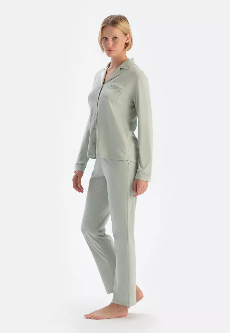 Mint Green Shirt & Trousers, Shirt Collar, Regular Fit, Long Sleeve Sleepwear for Women
