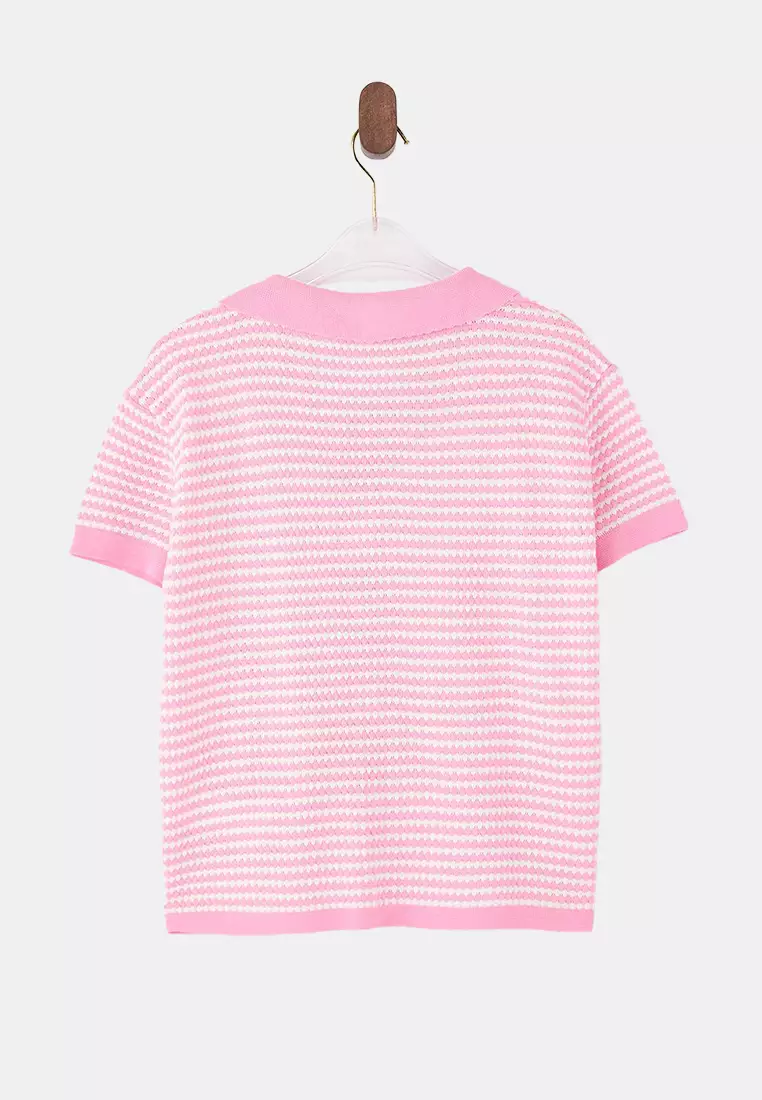 Pink Polo Neck Striped Knitwear Medium Blouse Twoss25Bz183