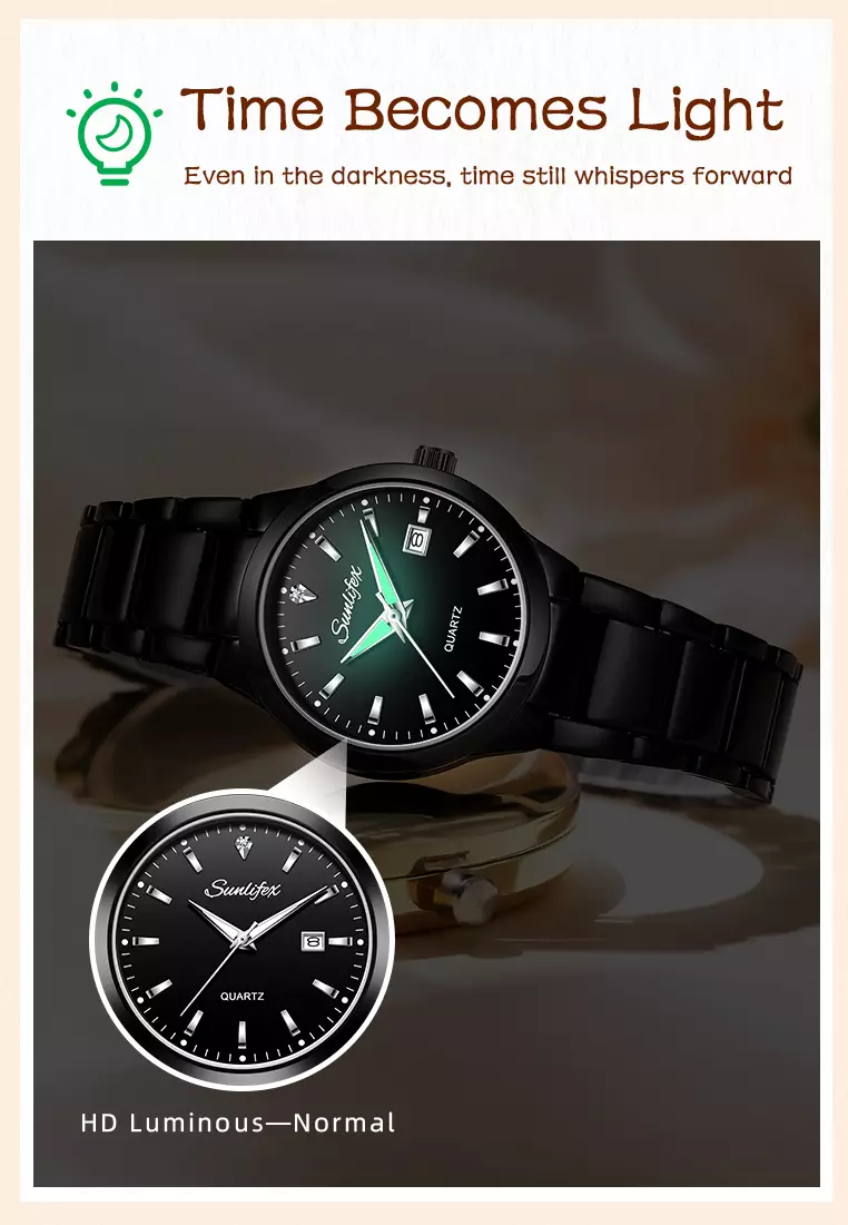 Jam Tangan Couple Original Tanggal Luminous Santai Tali Stainless Steel Jam Tangan Pria/Wanita 9108 allblack