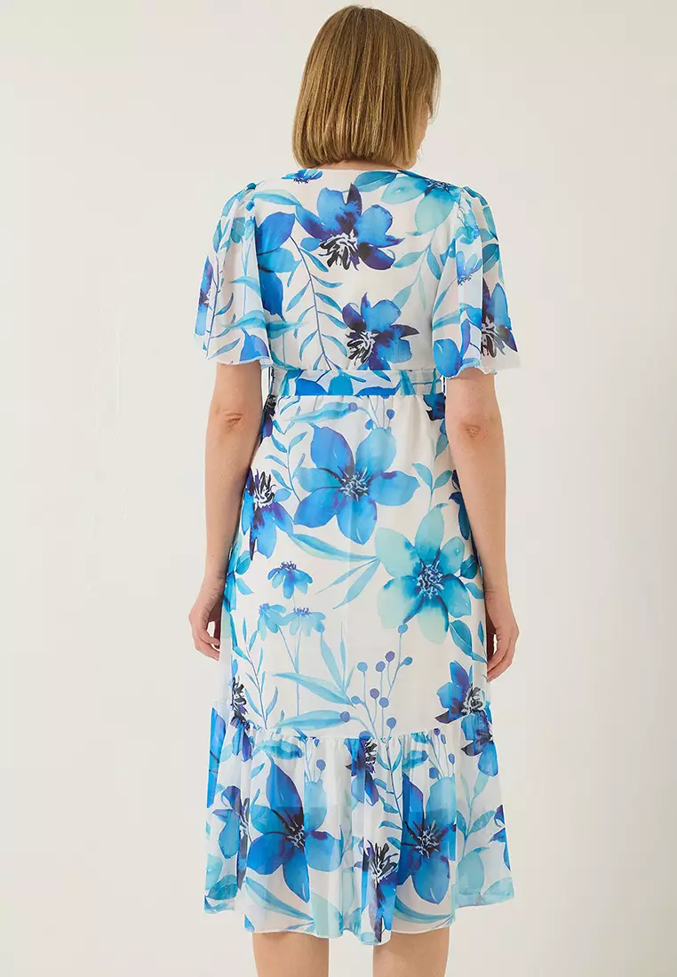 Women's Double Breasted Collar Elastic Waist Belted Lined Patterned Chiffon Dress 60283211