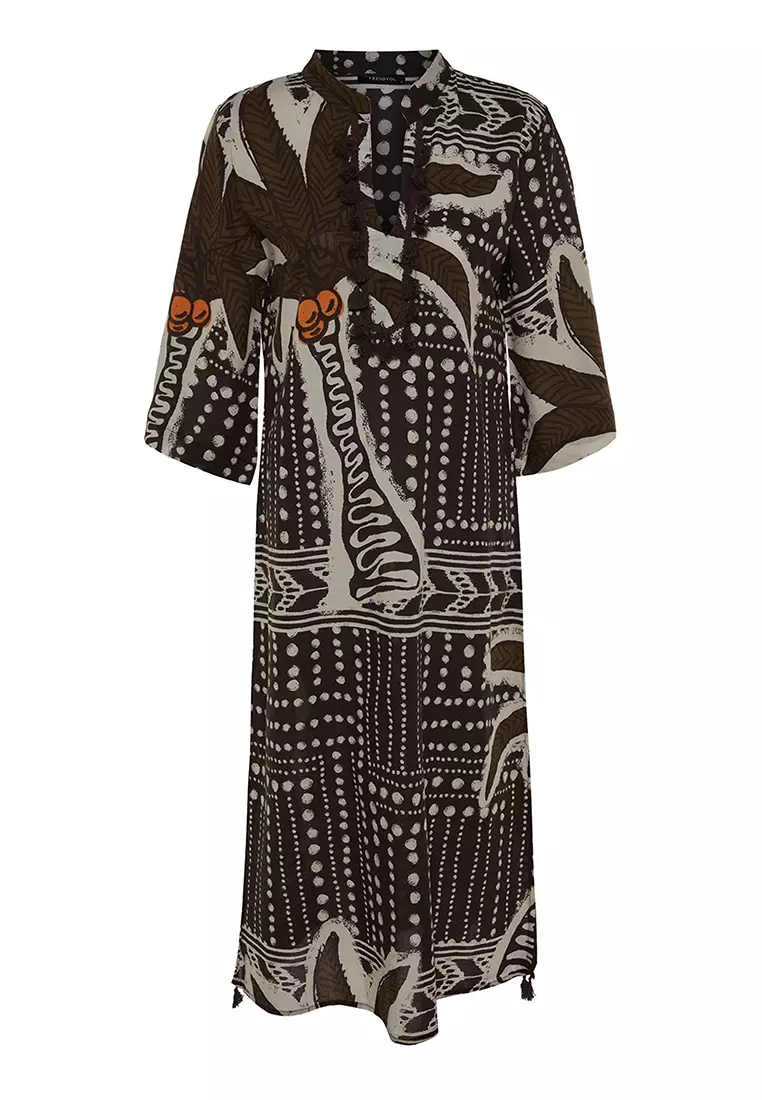 Tropical Printed Tassel Detailed Voile Kaftan