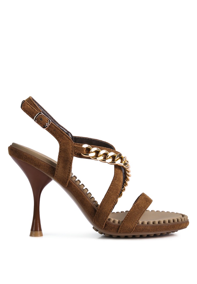 Tan Metal Chain Mid Heel Sandal