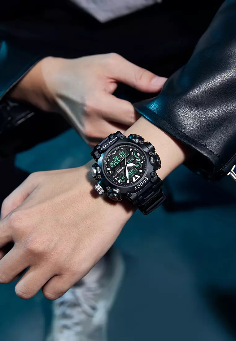 Jam Tangan Pria Digital Anti Air Original Olahraga Multifungsi Bercahaya Alarm Jam Tangan Cowok black