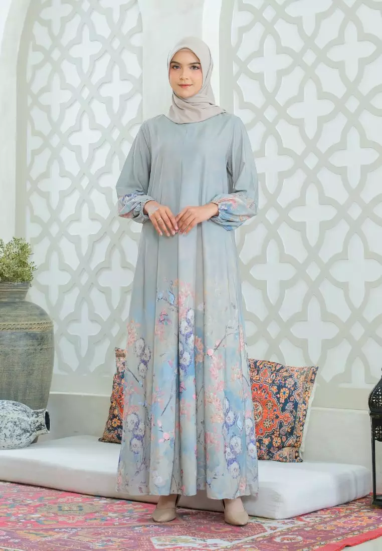 Gamis Lengan Balon Motif Bunga Kekinian Warna Hijau Sage By Brilliant Girl Warna HIJAUSAGE