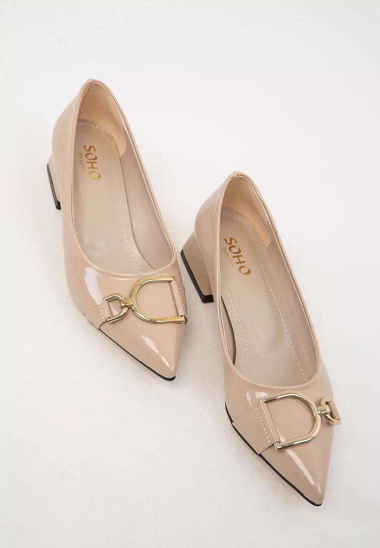 Asymmetric Buckle Low Chunk Heels