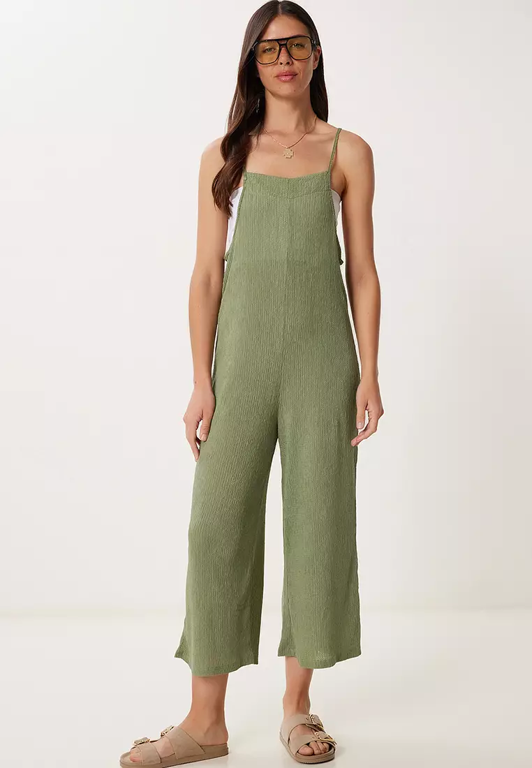 Women's Khaki Strappy Textured Knitted Jumpsuit Hk00046