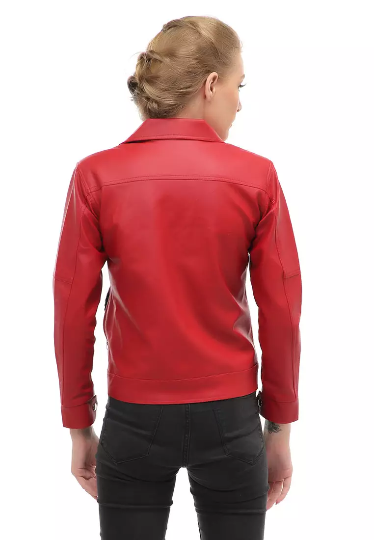 Glenice Jacket Outer Fashion Wanita Zipper Pocket Elegant Design Material Leather ORIGINAL - Red