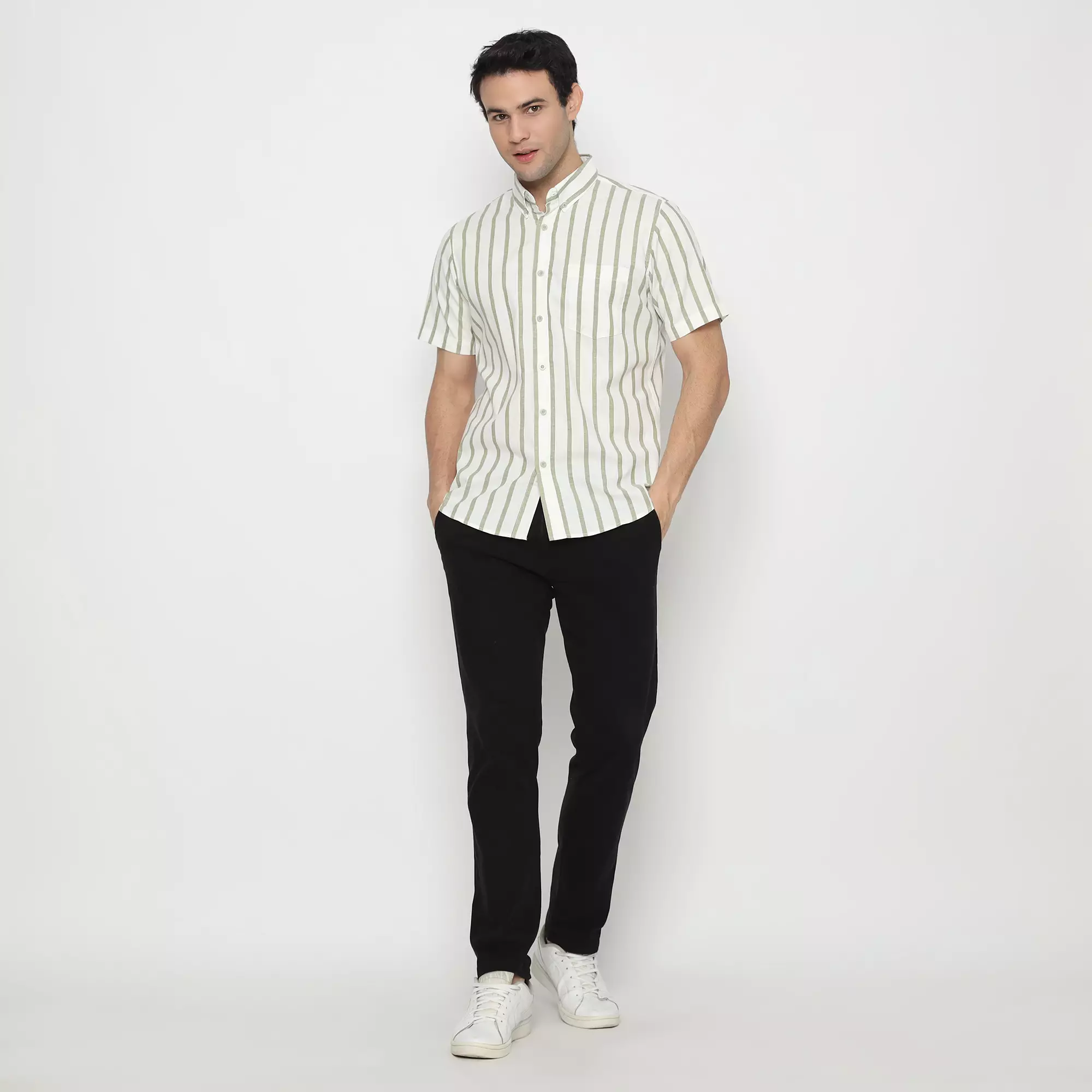 Platini Kemeja Motif Salur Pria Lengan Pendek Katun Oxford Hijau Sage 73272