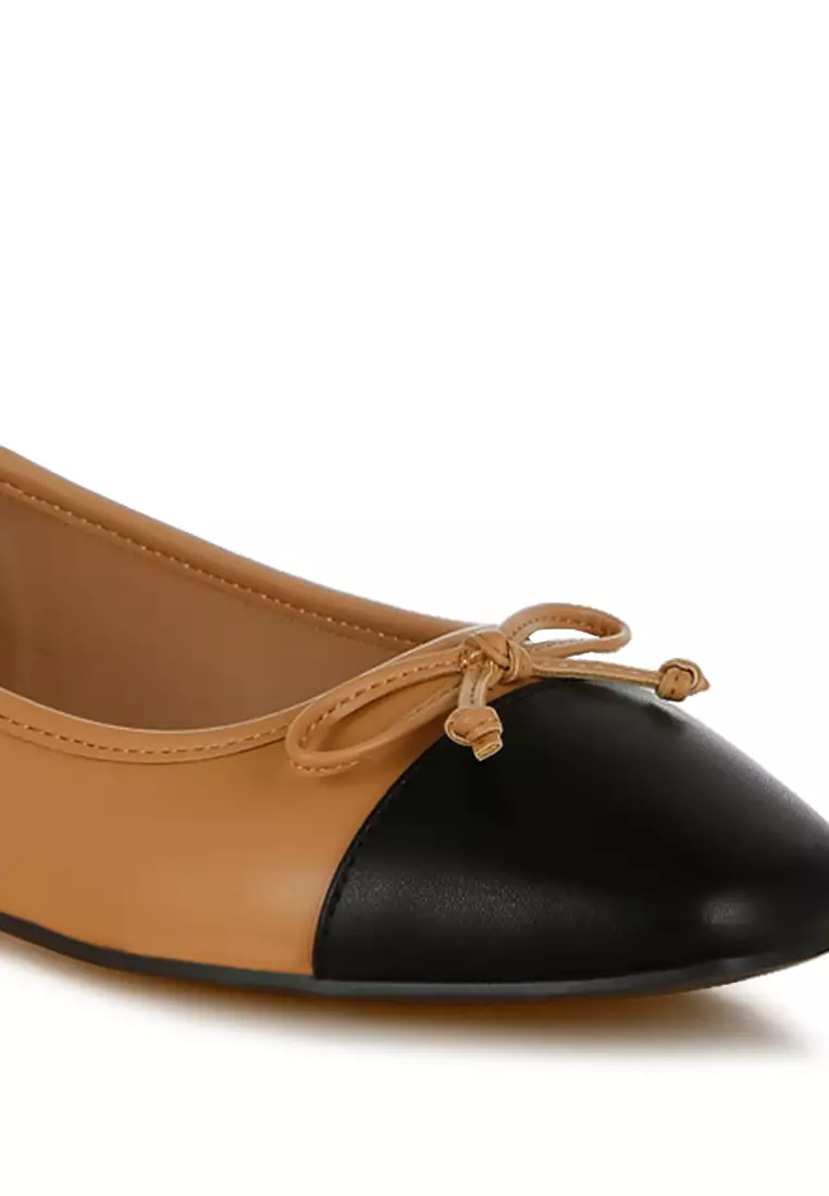Faux Leather Bow Detail Ballerinas in Camel