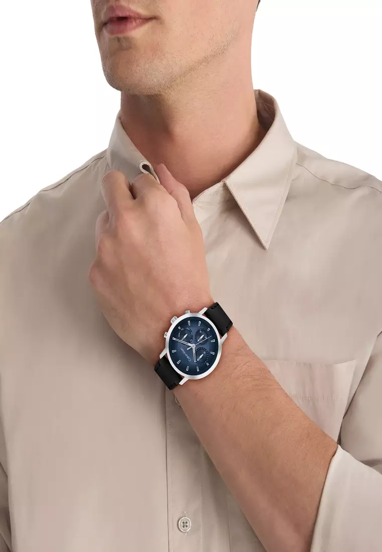 Men's Chronograph Black Leather Blue Dial Watch - CK25200497