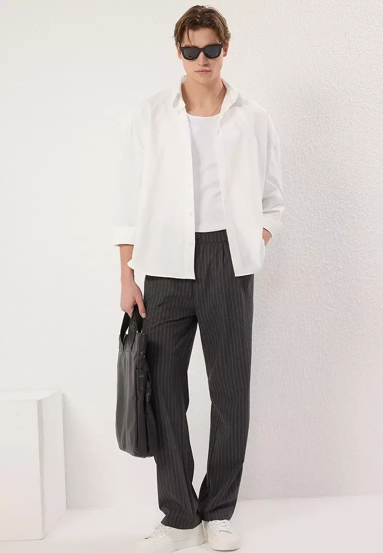 Anthracite Striped Pleated Classic Baggy Fit Fabric Trousers TMNSS24PL00024