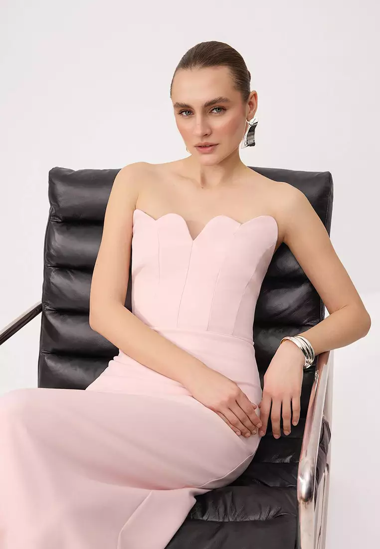 Powder Plain Strapless Woven Finike Maxi Evening & Graduation Dress Tprss26Ae11