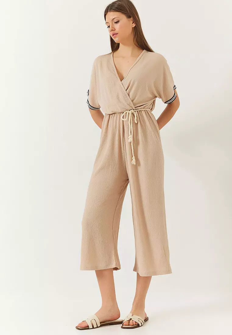 Women's Double Breasted Collar Sleeve Detail Elastic Waist Belted Crinkle Jumpsuit 60261418