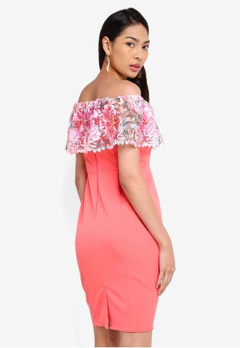 Buy Paper Dolls Pedley Coral Lace Bardot Bodycon Dress Online