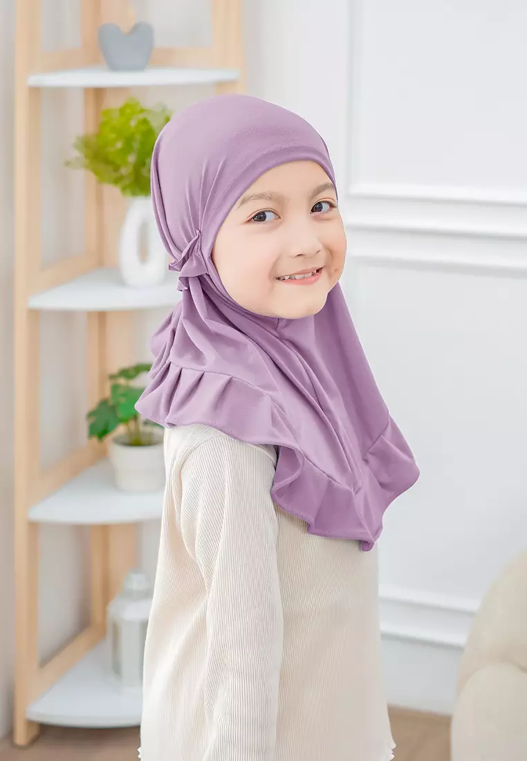Cotton Bee - Ziva Ruffle Instan | Hijab Instan Anak | Kerudung Jilbab Bergo Tali Anak - Purple Hebe - M