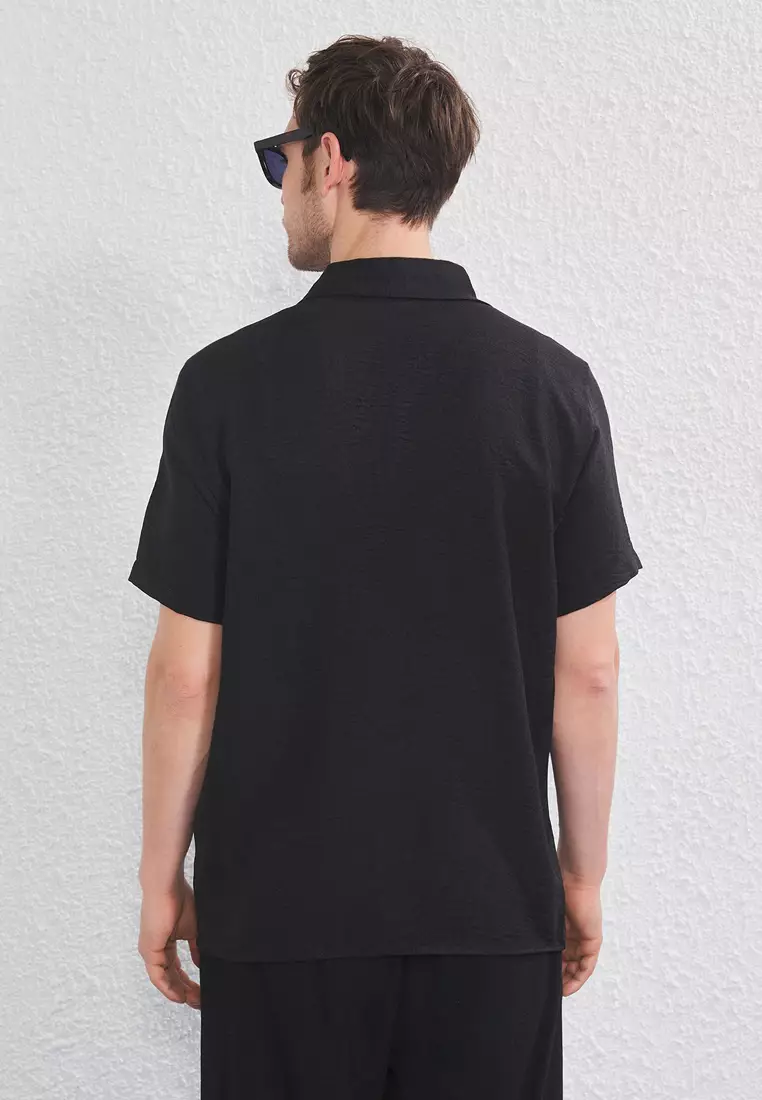 Black Regular Fit Linen Look Loose Loose Shirt TMNSS25GO00075