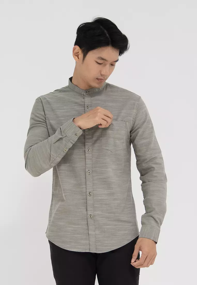 Kemeja collarless koko Slub olive OXCON TwoTone Sage