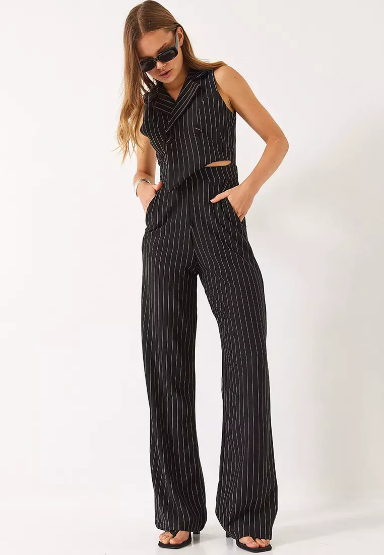 Women's Thin Striped Double Breasted Collar Lycra Jumpsuit 90018 60271031