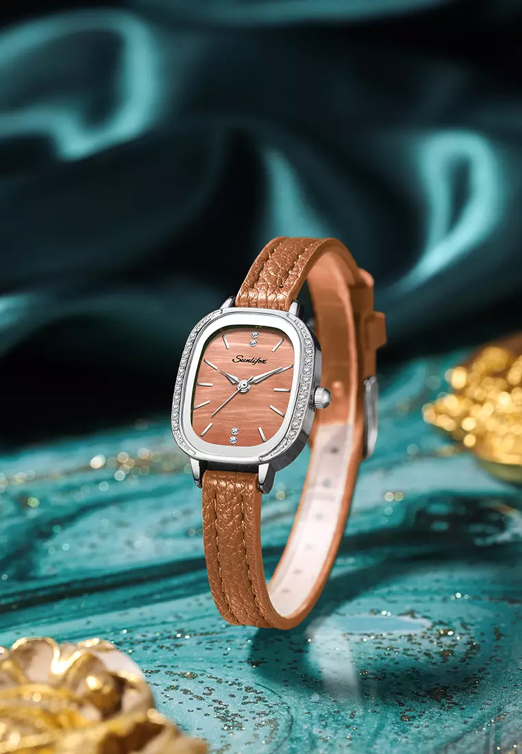 Jam Tangan Wanita Korea Elegan Berlian Vintage Dial Tali Kulit Anti Air Jam Tangan Cewek A002 Brown