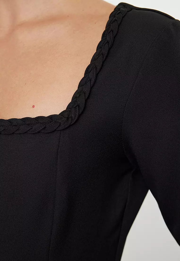 Black Body-hugging Knitted Detailed Square Neck Mini Woven Dress TWOAW25EL00331