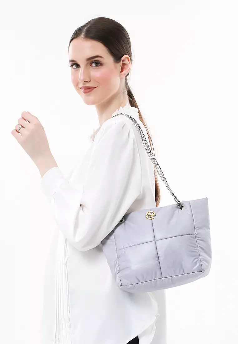 Reina Puffy Bag Two Ropes Smooth Shiny And Plain - Silver PVC