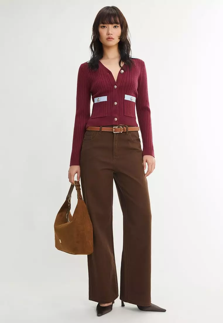 Contrast Collar Ribbed Pocket Detail Cardigan - Red