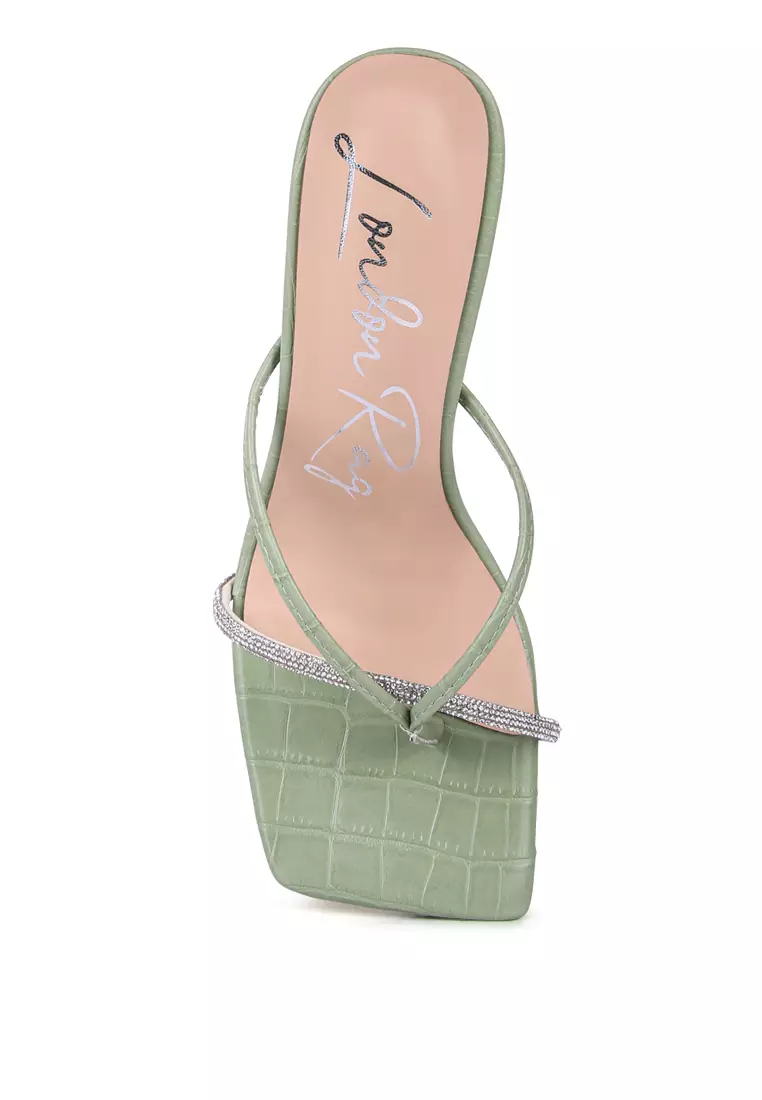 Mint Croc Rhinestone Slider Sandals