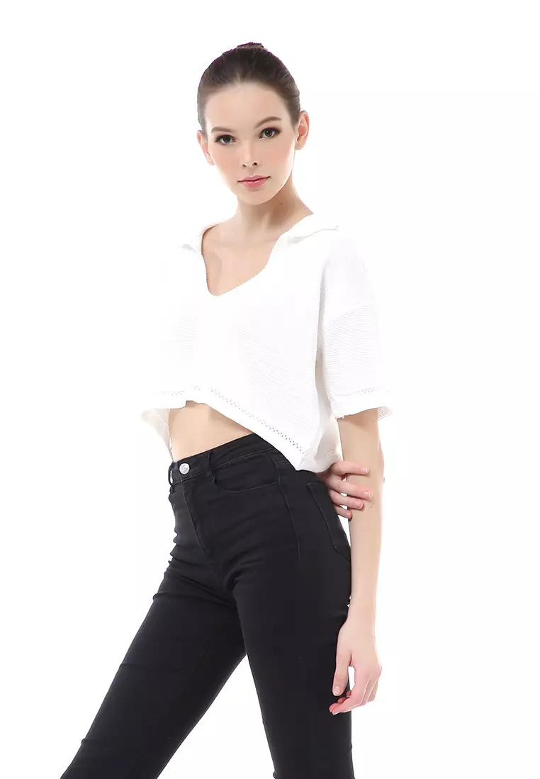Albertine Atasan Crop Wanita Lengan Pendek Blouse Vneck Motif Polos Material Rajut ORIGINAL - White