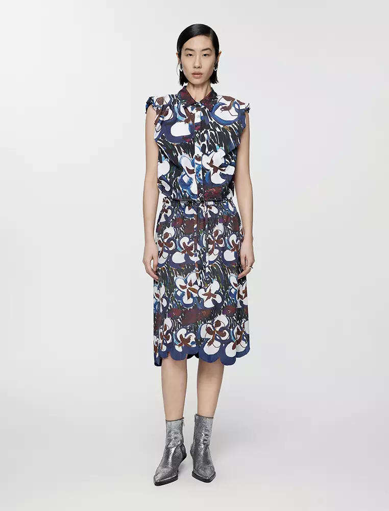 A-Line Printed Midi Waist Skirt