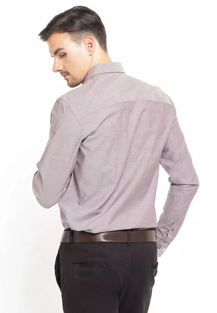 Johnwin - Slim Fit - Kemeja Formal - Salur - Lengan Panjang - Abu