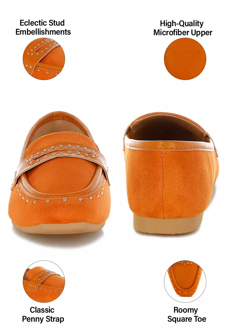 Penny Strap Studded Loafers In Tan