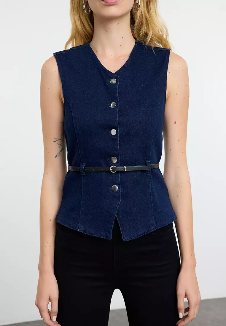 Jual Trendyol Dark Blue Belt Detailed Denim Vest Original 2025