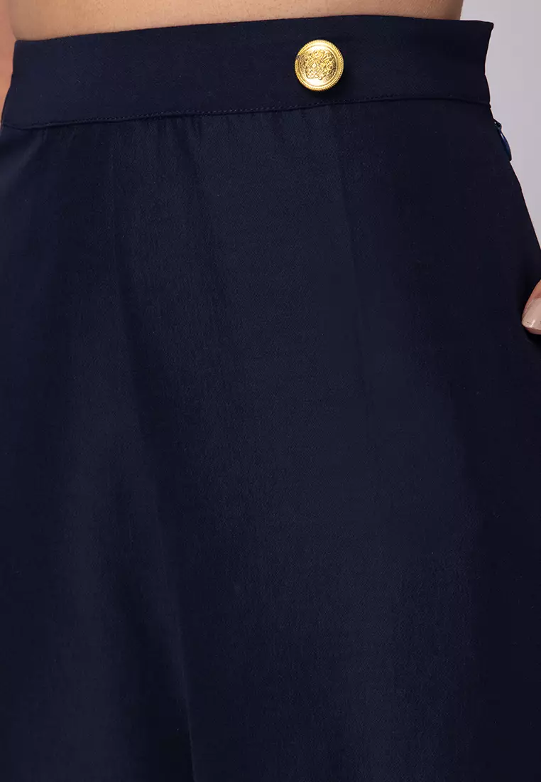 Navy Blue Side Button High Waist Straight Pants