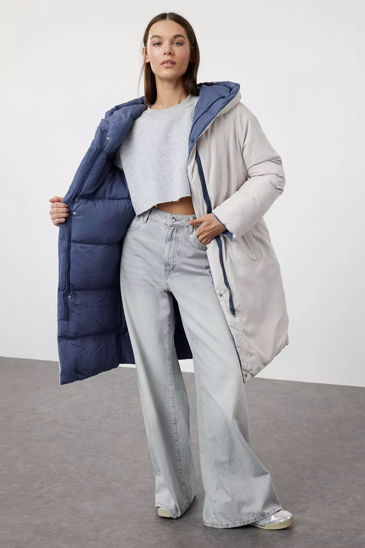 Grey-Blue Reversible Hooded Water Repellent Long Puffer Jacket TWOAW23MO00052