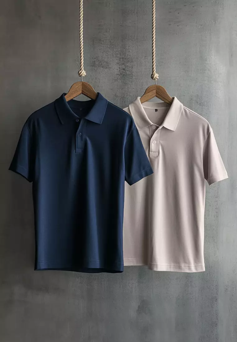 Navy Blue-Grey 2-piece Regular/Normal Cut 100% Cotton Polo Collar T-shirt TMNSS25PO00022