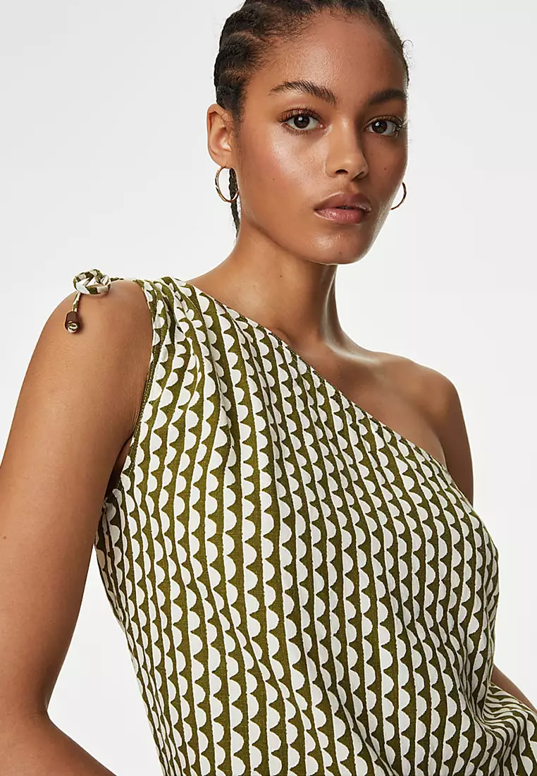 Linen Rich Printed One Shoulder Top