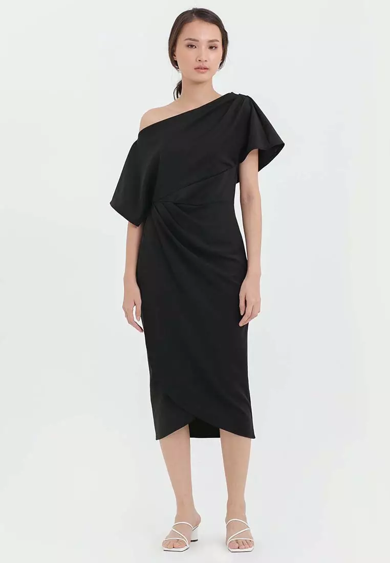 Asymmetric Neck Overlap Scuba Dress in Black