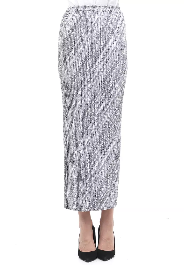 Rok Plisket Motif Batik Bawahan Wanita Design Casual - Parang Celeret Putih