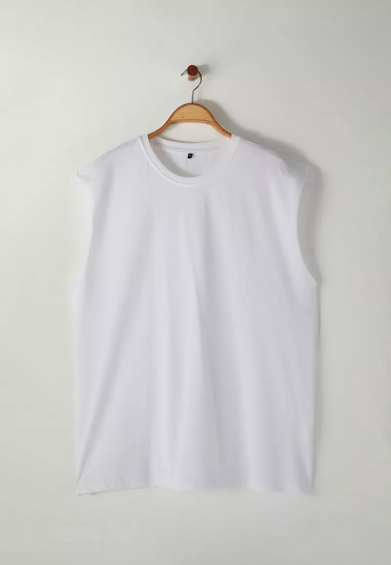 White Regular/Normal Cut Basic 100% Cotton Plus Size Tank Top TMNSS25CV00000