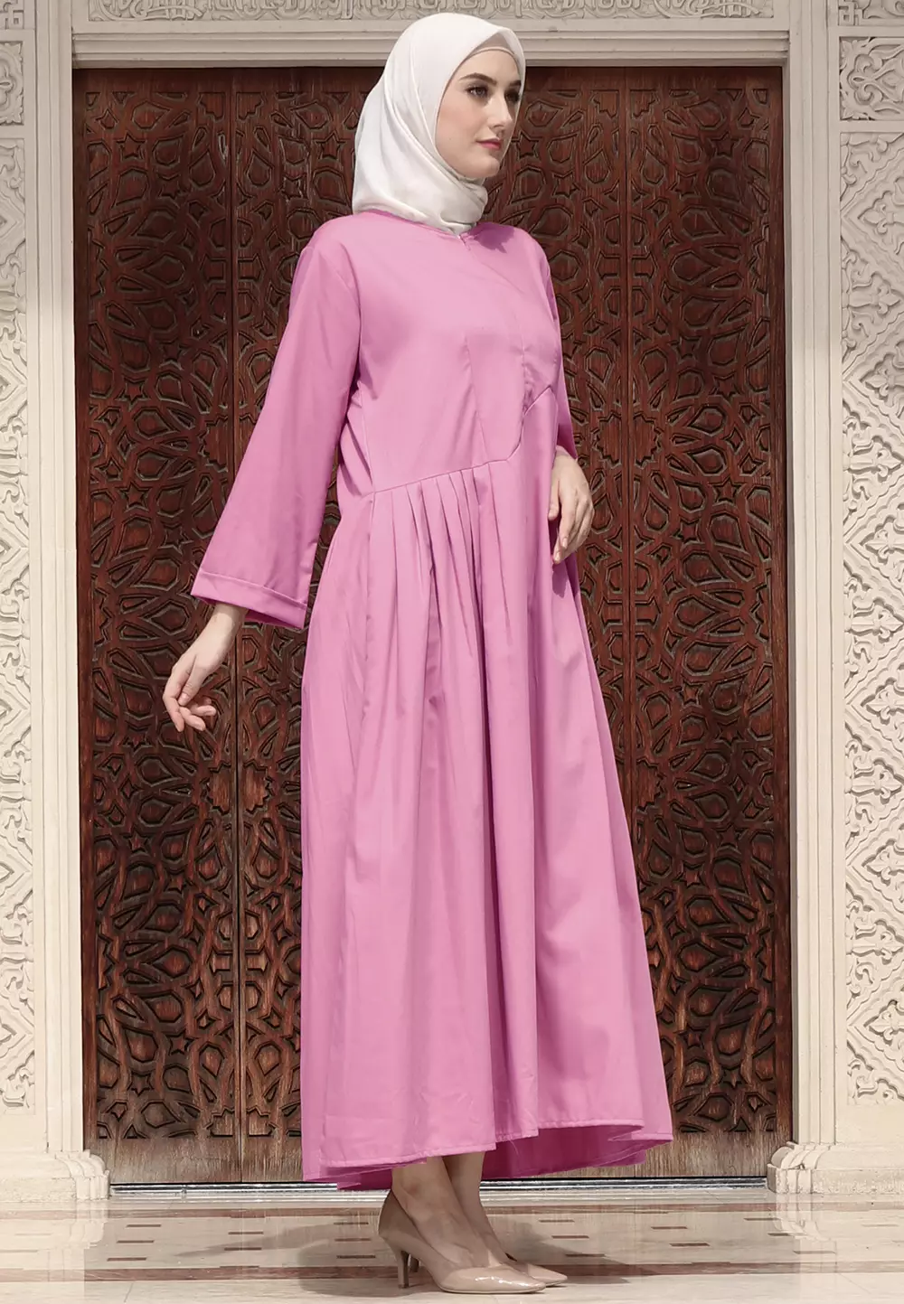 JV Hasanah Faiza Rample Dress Pink | Gamis Wanita Katun Toyobo Rample