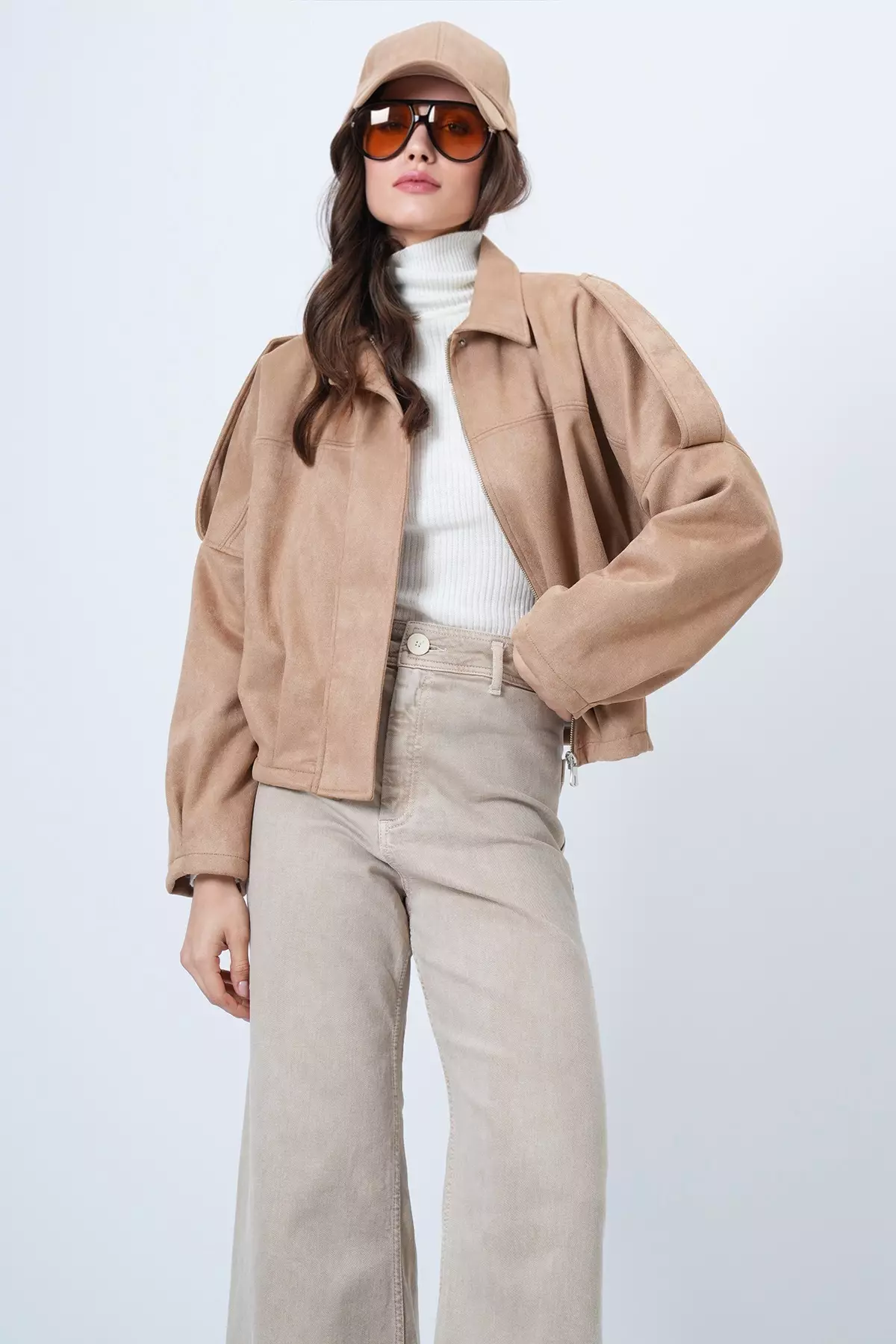 Beige Shoulder Padded Lined Faux Suede Bomber Jacket Alc-X14526