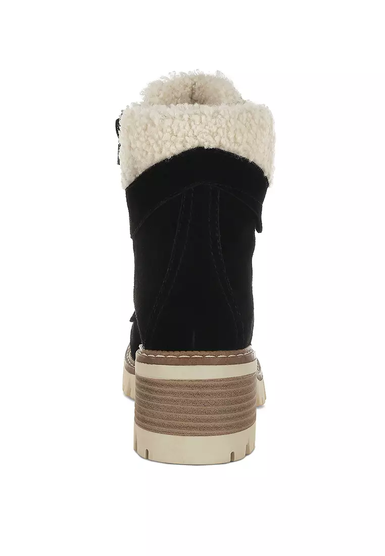 Fur Collar Chunky Ankle Boots in Black